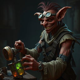 A male goblin artificer with dark red skin in steampunk times, wearing ragged, torn, oil-stained clothing with the sleeves ripped off