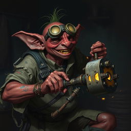 A male goblin artificer with dark red skin in steampunk times, wearing ragged, torn, oil-stained clothing with the sleeves ripped off