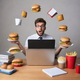 A stressed professional juggling a work laptop, study books and a part-time job uniform, surrounded by fast food containers indicative of unhealthy eating due to time constraints.