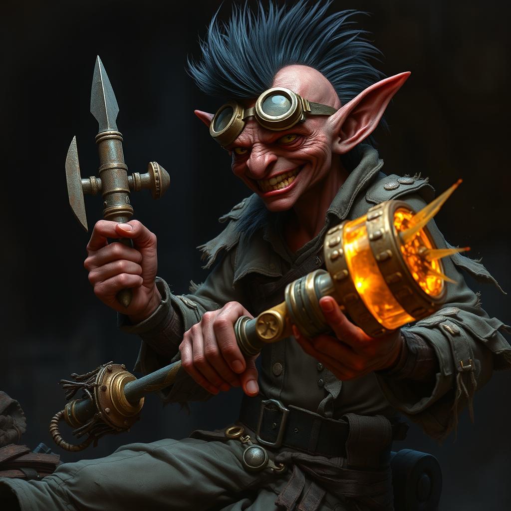 A male goblin artificer with dark red skin and a black mohawk in steampunk times, wearing ragged, torn, oil-stained clothing with the sleeves ripped off