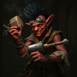 A male goblin artificer with dark red skin and a black mohawk in steampunk times, wearing ragged, torn, oil-stained clothing with the sleeves ripped off