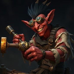 A male goblin artificer with dark red skin and a black mohawk in steampunk times, wearing ragged, torn, oil-stained clothing with the sleeves ripped off