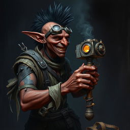 A male goblin artificer with dark red skin and a black mohawk in steampunk times, wearing ragged, torn, oil-stained clothing with the sleeves ripped off