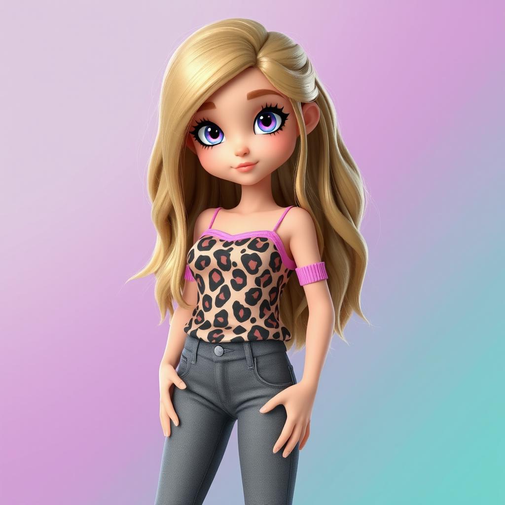 A 3D rendering of a girl with long dirty blonde hair, wearing a leopard print top with pink accents and grey bootcut jeans