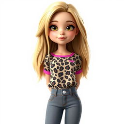 A 3D rendering of a girl with long dirty blonde hair, wearing a leopard print top with pink accents and grey bootcut jeans