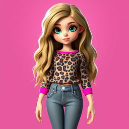 A 3D rendering of a girl with long dirty blonde hair, wearing a leopard print top with pink accents and grey bootcut jeans