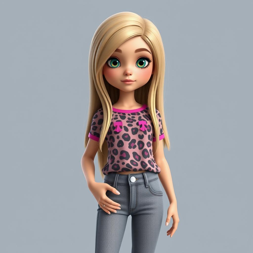 A 3D rendering of a girl with long dirty blonde hair, wearing a leopard print top with pink accents and grey bootcut jeans