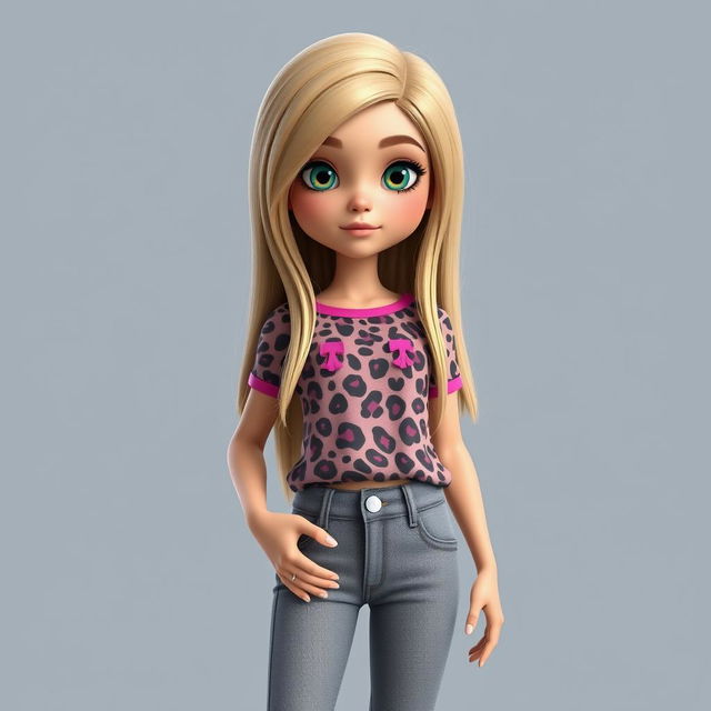 A 3D rendering of a girl with long dirty blonde hair, wearing a leopard print top with pink accents and grey bootcut jeans