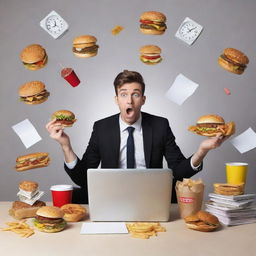 A stressed professional juggling a work laptop, study books and a part-time job uniform, surrounded by fast food containers indicative of unhealthy eating due to time constraints.