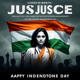 A motion poster demanding justice for a lady doctor who was raped and murdered, set against the backdrop of Indian Independence Day