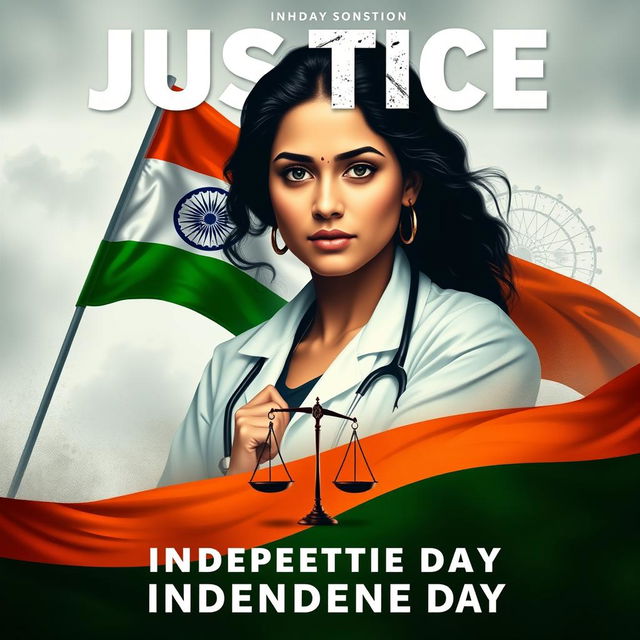 A motion poster demanding justice for a lady doctor who was raped and murdered, set against the backdrop of Indian Independence Day