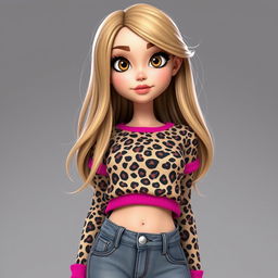 A 3D rendering of a girl with long dirty blonde hair and hazel eyes, wearing a leopard print top with pink accents and grey low waist bootcut jeans