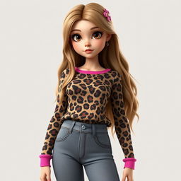 A 3D rendering of a girl with long dirty blonde hair and hazel eyes, wearing a leopard print top with pink accents and grey low waist bootcut jeans