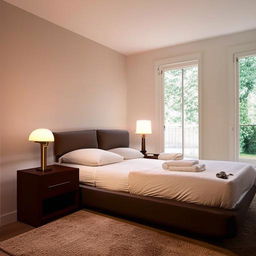 A cozy, well-arranged bedroom with a comfortable king-sized bed, stylish nightstands, ambient lighting, soft plush carpet, and a large window revealing a serene view outdoors.