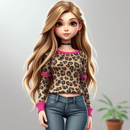 A 3D rendering of a girl with long dirty blonde hair and hazel eyes, wearing a leopard print top with pink accents and grey low waist bootcut jeans