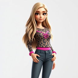 A 3D rendering of a girl with long dirty blonde hair and hazel eyes, wearing a leopard print top with pink accents and grey low waist bootcut jeans