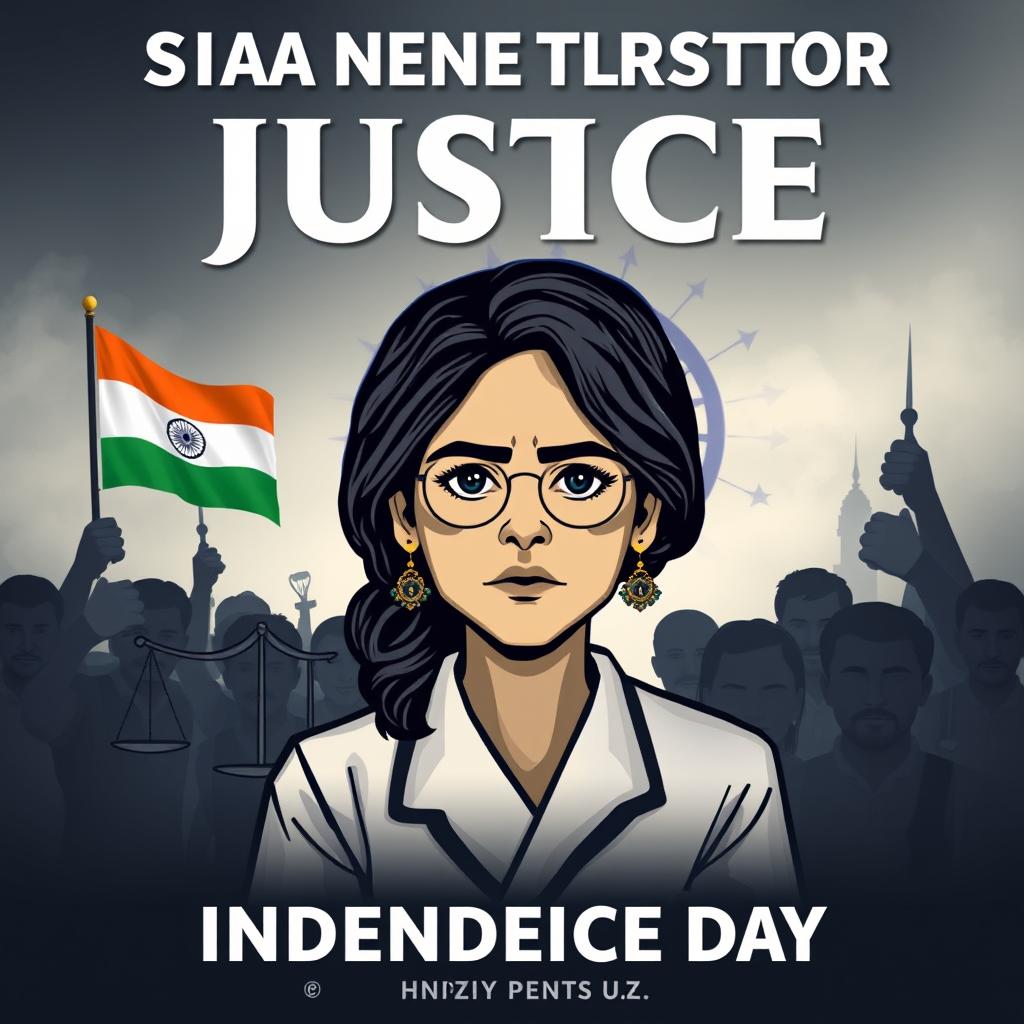 A motion poster demanding justice for a lady doctor who was raped and murdered, set against the backdrop of Indian Independence Day