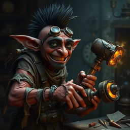 A nerdy-looking male goblin artificer with dark red skin, a black mohawk, and a stubbly goatee in steampunk times