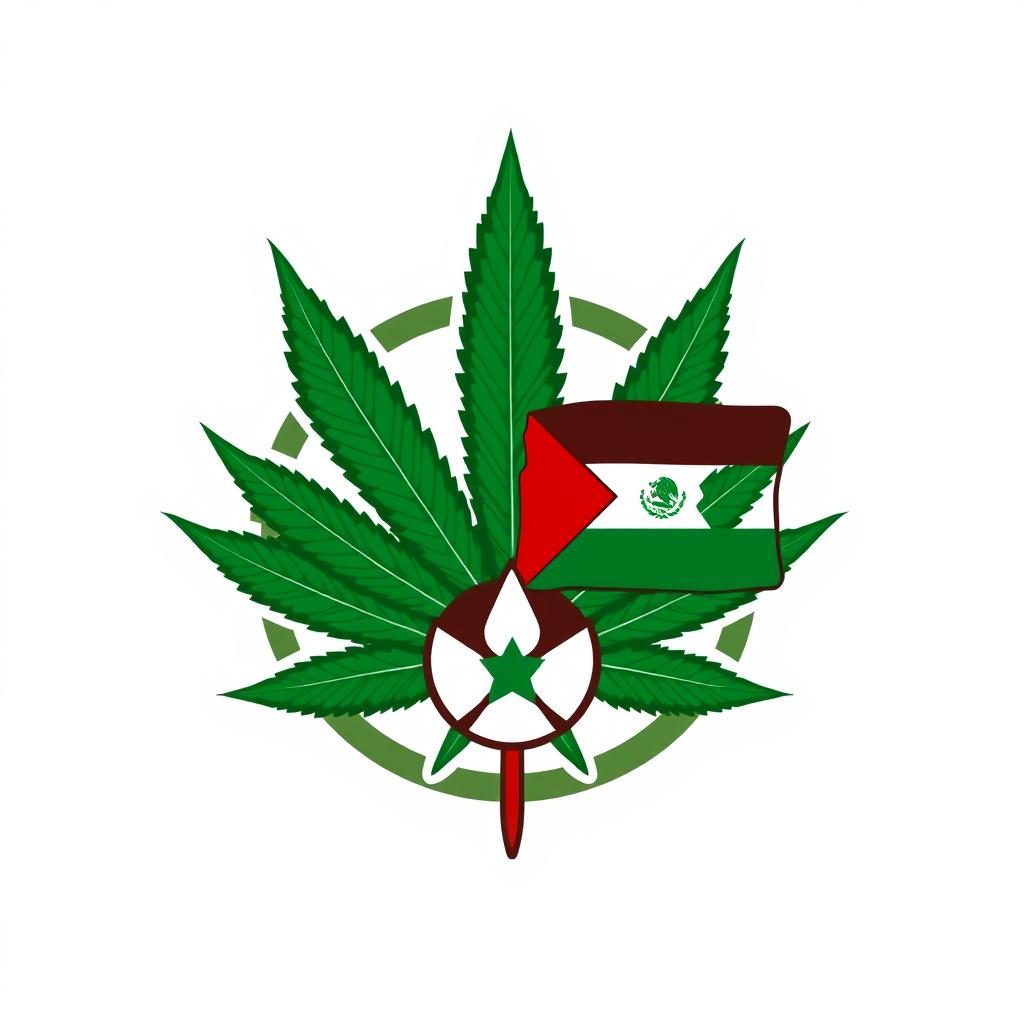 A logo design featuring elements of cannabis leaves, with influences from Palestinian and Mexican cultural symbols