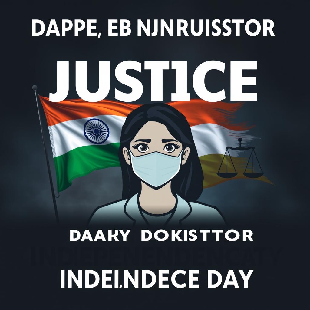 A dark-themed motion poster demanding justice for a lady doctor who was raped and murdered, set against the backdrop of Indian Independence Day