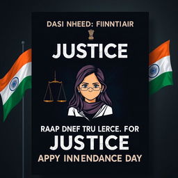 A dark-themed motion poster demanding justice for a lady doctor who was raped and murdered, set against the backdrop of Indian Independence Day