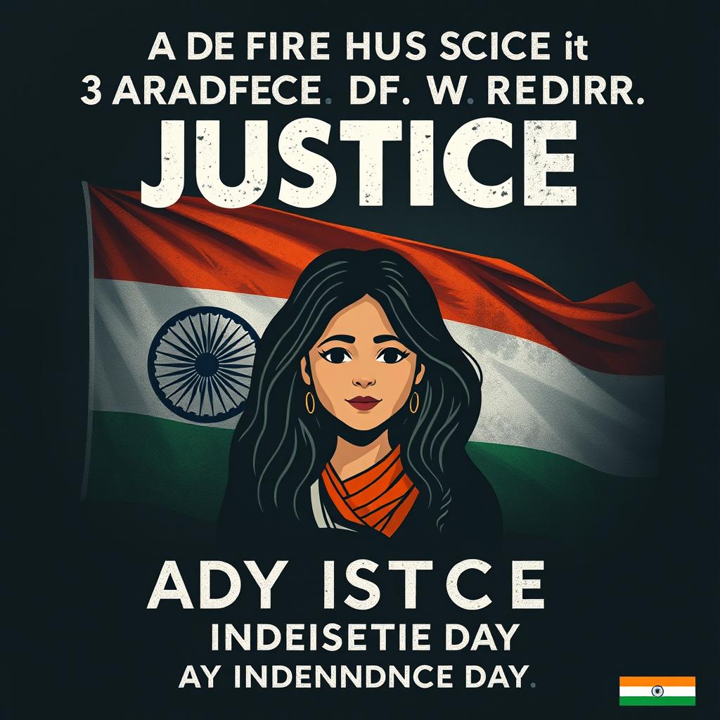 A dark-themed motion poster demanding justice for a lady doctor who was raped and murdered, set against the backdrop of Indian Independence Day