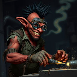 A nerdy-looking male goblin artificer with dark red skin, a black mohawk, and a bit of stubble