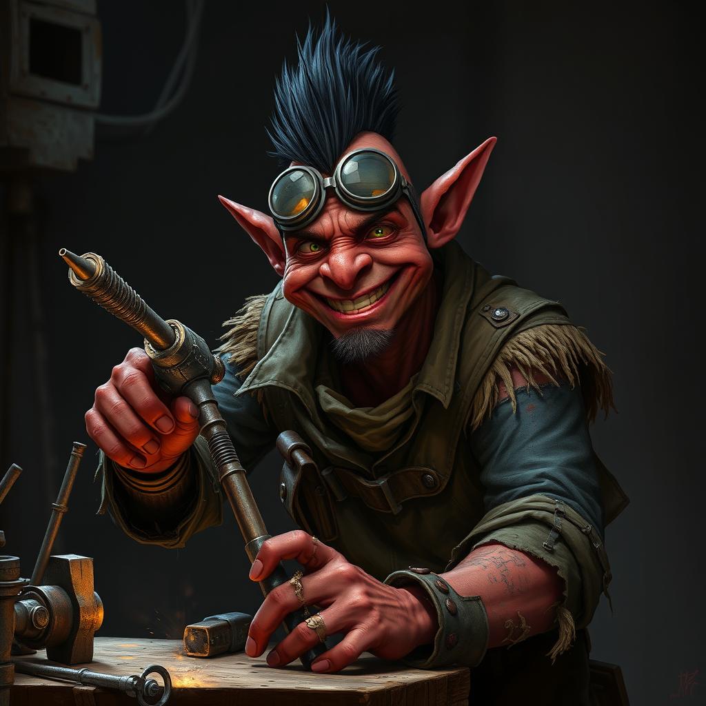 A nerdy-looking male goblin artificer with dark red skin, a black mohawk, and a bit of stubble