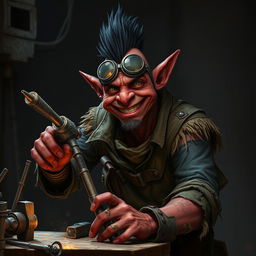 A nerdy-looking male goblin artificer with dark red skin, a black mohawk, and a bit of stubble