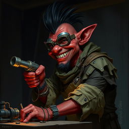 A nerdy-looking male goblin artificer with dark red skin, a black mohawk, and a bit of stubble