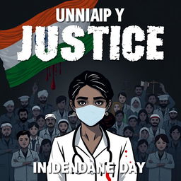 A dark-themed motion poster demanding justice for a lady doctor who was raped and murdered, set against the backdrop of Indian Independence Day