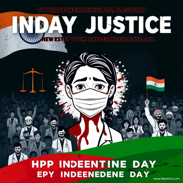 A dark-themed motion poster demanding justice for a lady doctor who was raped and murdered, set against the backdrop of Indian Independence Day