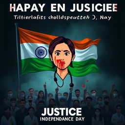 A dark-themed motion poster demanding justice for a lady doctor who was raped and murdered, set against the backdrop of Indian Independence Day