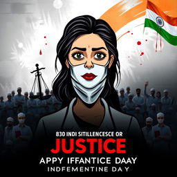 A dark-themed motion poster demanding justice for a lady doctor who was raped and murdered, set against the backdrop of Indian Independence Day