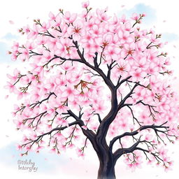 A beautiful cherry blossom tree in full bloom, illustrated in a watercolor painting style