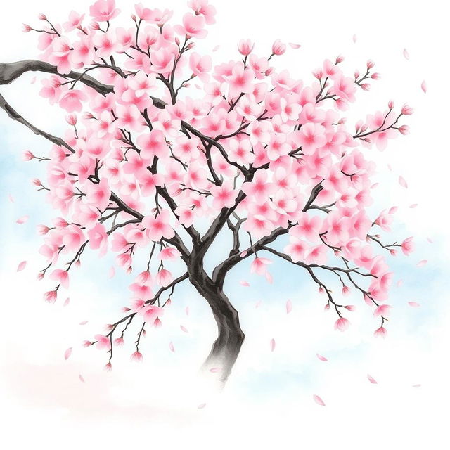 A beautiful cherry blossom tree in full bloom, illustrated in a watercolor painting style