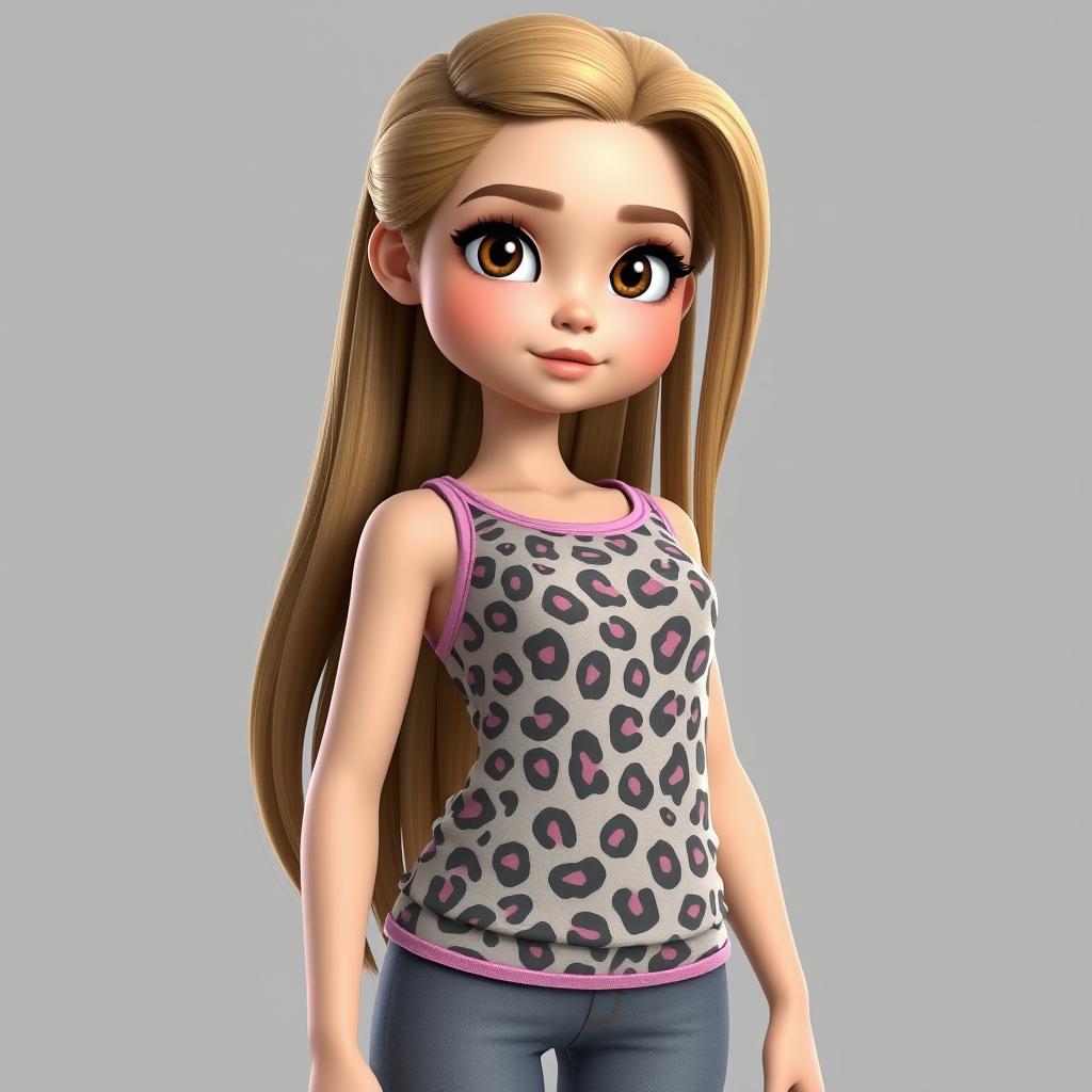 A girl with long dirty blonde hair and hazel eyes, wearing a leopard print tank top with light pink accents and grey low waist bootcut jeans