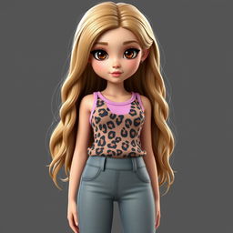 A girl with long dirty blonde hair and hazel eyes, wearing a leopard print tank top with light pink accents and grey low waist bootcut jeans