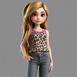 A girl with long dirty blonde hair and hazel eyes, wearing a leopard print tank top with light pink accents and grey low waist bootcut jeans