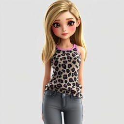 A girl with long dirty blonde hair and hazel eyes, wearing a leopard print tank top with light pink accents and grey low waist bootcut jeans