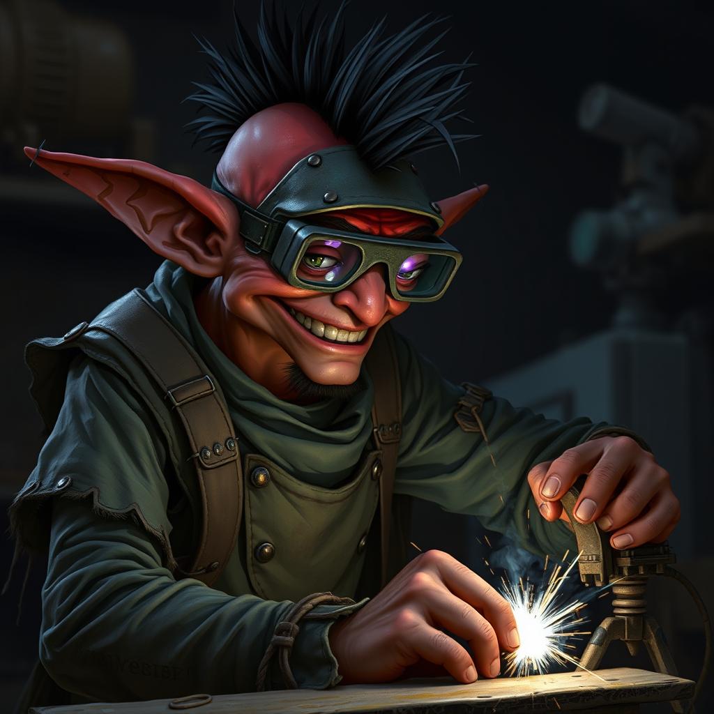 A nerdy-looking male goblin artificer with dark red skin, a black mohawk, and a bit of stubble, wearing welding goggles and ragged, torn, oil-stained clothing with the sleeves ripped off