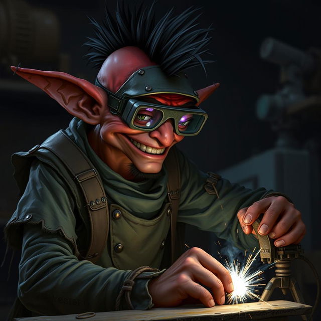 A nerdy-looking male goblin artificer with dark red skin, a black mohawk, and a bit of stubble, wearing welding goggles and ragged, torn, oil-stained clothing with the sleeves ripped off