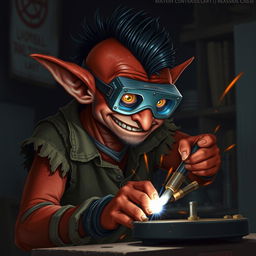 A nerdy-looking male goblin artificer with dark red skin, a black mohawk, and a bit of stubble, wearing welding goggles and ragged, torn, oil-stained clothing with the sleeves ripped off