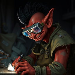 A nerdy-looking male goblin artificer with dark red skin, a black mohawk, and a bit of stubble, wearing welding goggles and ragged, torn, oil-stained clothing with the sleeves ripped off