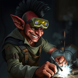 A nerdy-looking male goblin artificer with dark red skin, a black mohawk, and a bit of stubble, wearing welding goggles and ragged, torn, oil-stained clothing with the sleeves ripped off