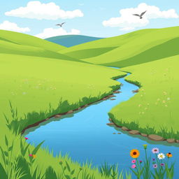 Create an image of a serene landscape with a clear blue sky, lush green meadows, and a gentle stream flowing through the scene