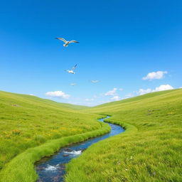 Create an image of a serene landscape with a clear blue sky, lush green meadows, and a gentle stream flowing through the scene