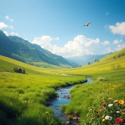 Create an image of a serene landscape with a clear blue sky, lush green meadows, and a gentle stream flowing through the scene