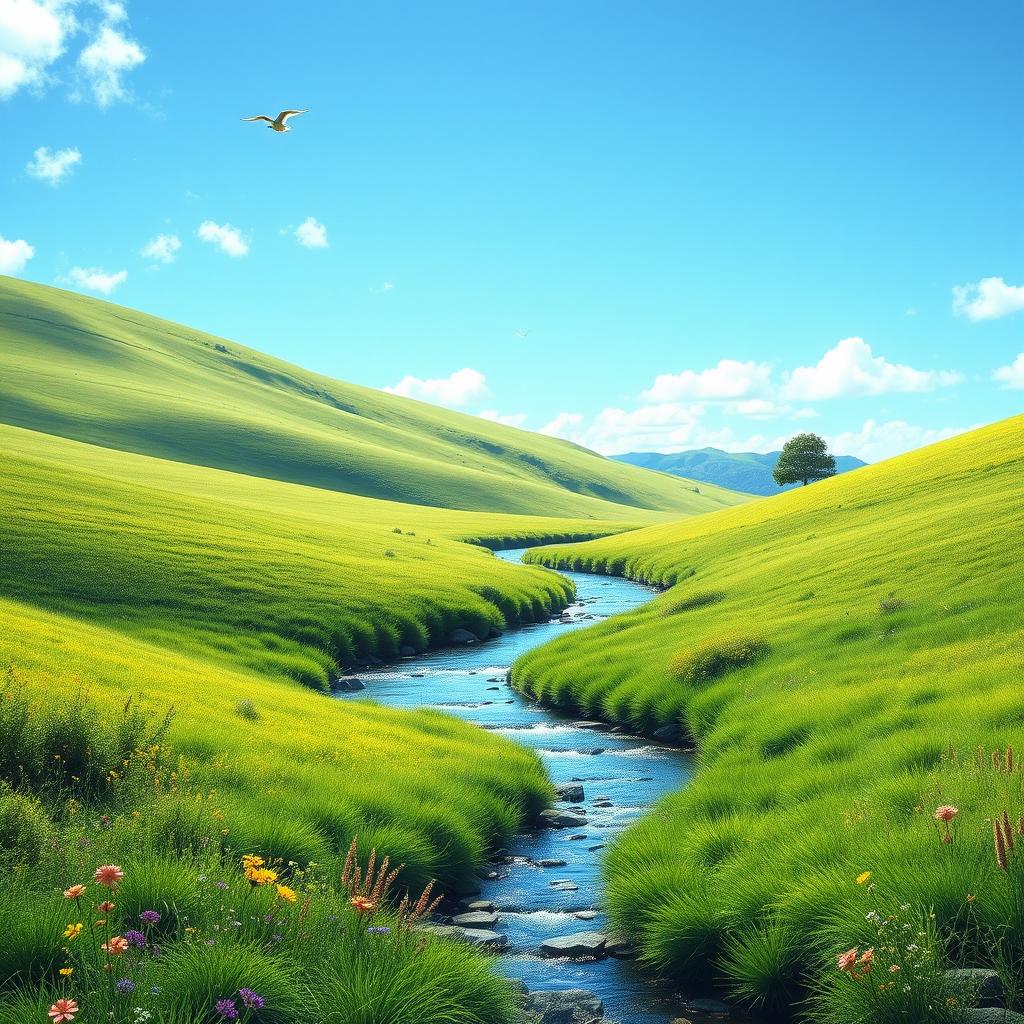 Create an image of a serene landscape with a clear blue sky, lush green meadows, and a gentle stream flowing through the scene