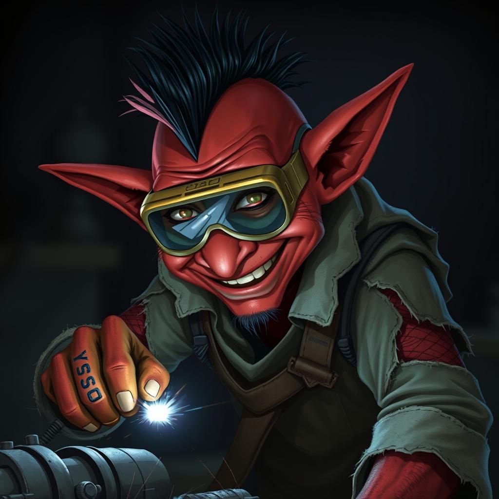 A nerdy-looking male goblin artificer with dark red skin, a black mohawk, and a 5-o-clock shadow